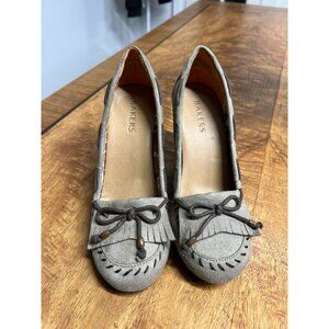 Vtg Bakers Shoes 7 Tan Wedges Moccasin Heels Leather Loafer Fringe Boho Aztec
